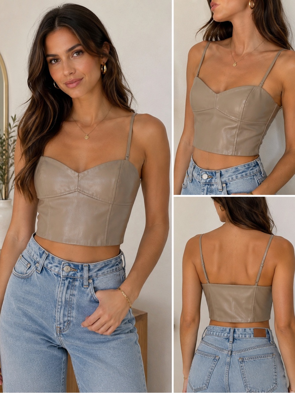 ZARA Women’s S Faux Leather Bustier Crop Top Taupe Beige Adjustable Straps NWT